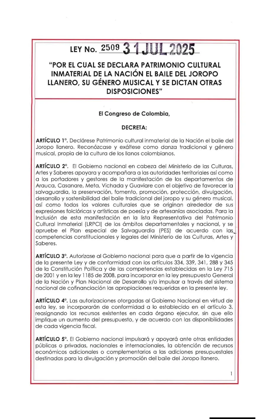 Primera página del texto oficial de la Ley 2509 del 31 de julio de 2025